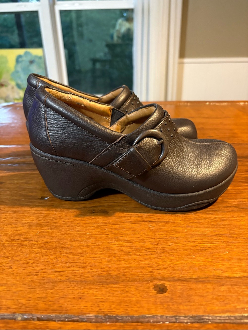 Bjorndal Dark Brown Leather Wedge Clogs with Buckle